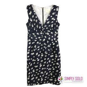 Kate Spade Women's Dress Blaine Navy Blue White Polka Dots Silk Bow Sheath  Sz 4